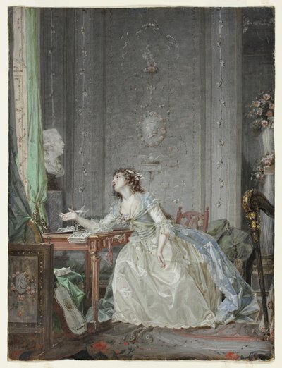 Interno con Ritratto di una Giovane Donna Davanti a un Busto da Claude Jean Baptiste Hoin