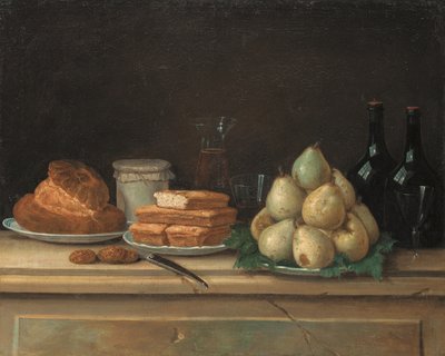 Pere e pane su piatti, con bottiglie di vino e bicchieri su un ripiano di pietra da Claude Joseph Fraichot