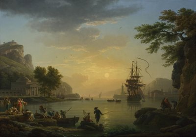 Paesaggio al tramonto con pescatori che tornano con il loro pescato da Claude Joseph Vernet