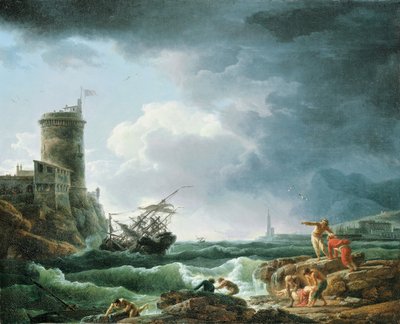 Tempesta con naufragio vicino a una fortezza, un naufrago in primo piano da Claude Joseph Vernet