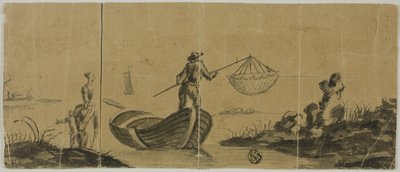 Chinoiserie con uomo che pesca dalla barca, donna e bambino in piedi sulla riva da Claude Joseph Vernet