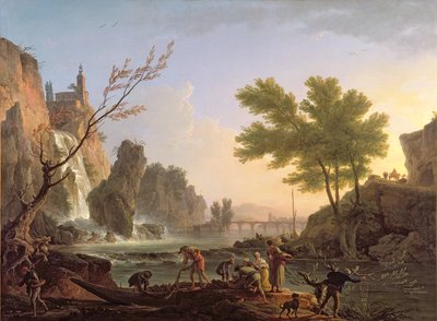 Pescatore in un paesaggio con cascata e ponte da Claude Joseph Vernet