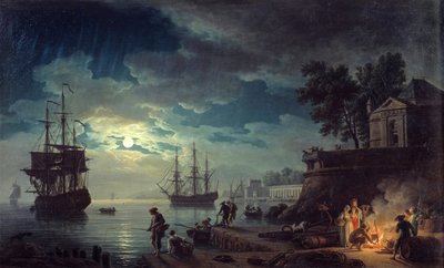 Pesca al chiaro di luna Veduta notturna di un porto con uomini che accendono un falò. Dipinto di Joseph Vernet da Claude Joseph Vernet