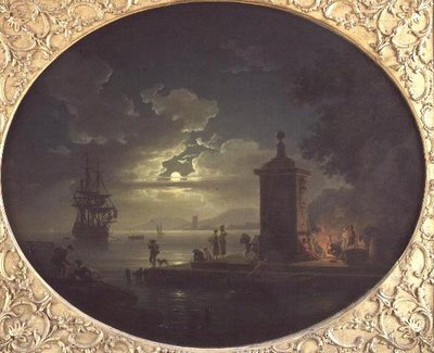 Notte: un paesaggio costiero illuminato dalla luna con pescatori vicino a un fuoco su un molo, una nave da guerra oltre da Claude Joseph Vernet