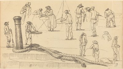Figure sul molo e una lunghezza di corda attaccata a una bitta da Claude Joseph Vernet