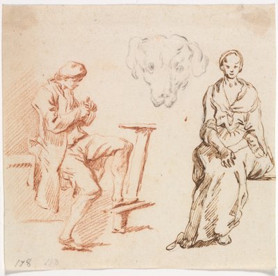 Foglio di studi: Uomo seduto, testa di cane, donna seduta da Claude Joseph Vernet