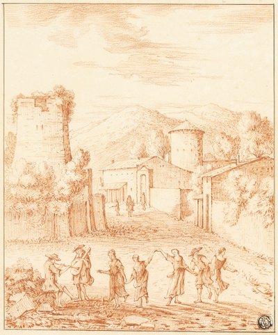 Danzatori e musicisti davanti al villaggio con la torre in rovina da Claude Lorrain