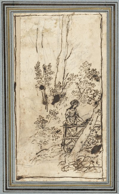 Giovane donna in piedi vicino a una recinzione in un bosco (Studies van dieren uit het Dierenalbum) da Claude Lorrain