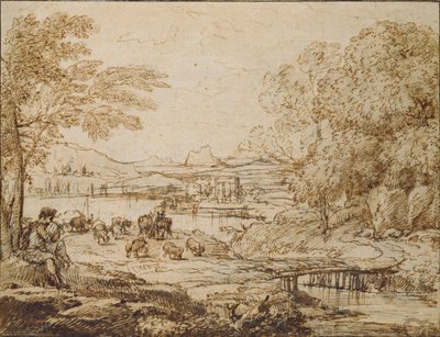 Giovane che suona un flauto in un paesaggio pastorale, c. 1640s da Claude Lorrain