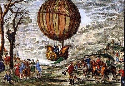 Volo di una mongolfiera sotto lo sguardo del duca di Chartres nel 1783, incisione da Claude Louis (after) Desrais