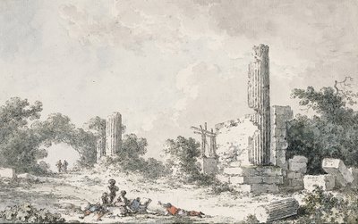 Le rovine del Tempio di Castore e Polluce, Agrigento, con artisti che disegnano da Claude Louis Chatelet