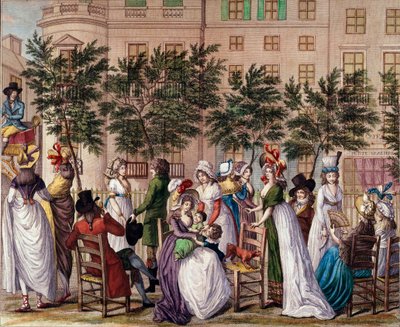 Moda sotto il Direttorio: "Le petit Coblenz", la passeggiata Boulevard des Italiens a Parigi. Litografia di Claude Louis Desrais (1746-1816) 1798. Parigi, Museo Carnavalet da Claude Louis Desrais