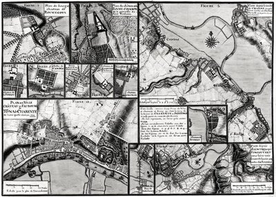 Fol.7 & 98 Mappa delle città e dei castelli situati lungo il fiume Charente nel 1714, da Recueil des Plans de Saintonge da Claude Masse