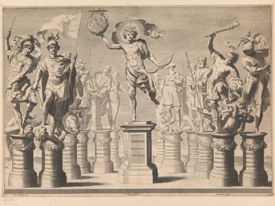 Allegoria in onore della casa Savoia con figure leggendarie su piedistalli da Claude Mellan