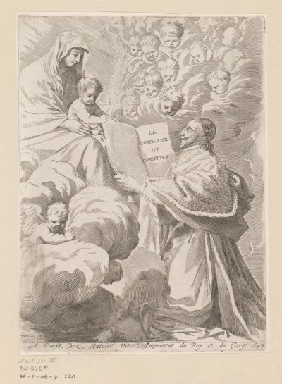 Armand-Jean du Plessis duca di Richelieu presenta un libro a Maria con Bambino (Pagina del titolo per: Armand-Jean du Plessis duca di Richelieu, Traité de la perfection du chrétien) da Claude Mellan