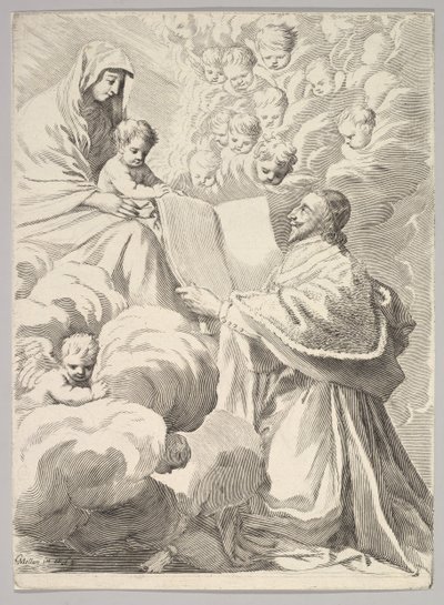 Cardinale Richelieu, inginocchiato, presenta il suo libro alla Vergine e al Bambino, ca. 1646 da Claude Mellan