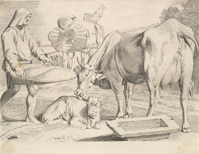 Scena di campagna con contadino, mucca e vitello da Claude Mellan