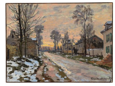 Strada a Louveciennes, neve che si scioglie, sole al tramonto, c.1869-70 da Claude Monet