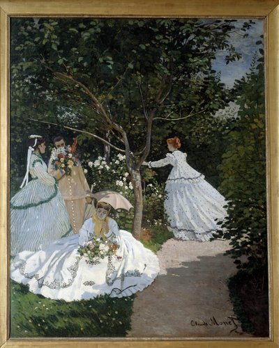 Donne nel giardino a Città di Avray Gruppo di giovani donne in un giardino fiorito. Dipinto di Claude Monet (1840-1926). 1867. Parigi, Museo d