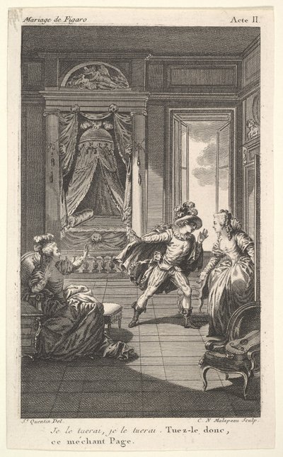 Un uomo si china verso una donna in piedi in una porta a destra, a sinistra una donna seduta alza..., ca. 1784 da Claude Nicolas Malapeau