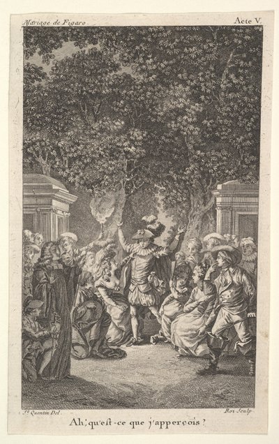 Un giovane ragazzo tiene una torcia sotto gli alberi in un giardino, al centro un uomo alza entrambe le braccia, ca. 1784 da Claude Nicolas Malapeau