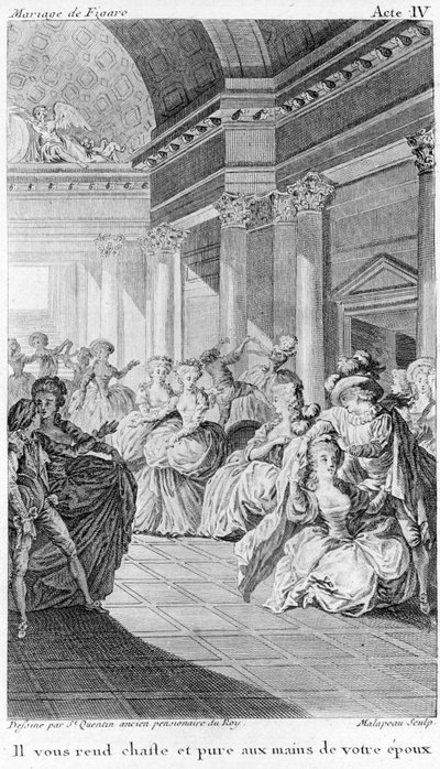 Le nozze di Figaro di Beaumarchais, atto IV. Disegno di St. Quentin, incisione di Malapeau da Claude Nicolas Malapeau