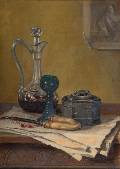 Natura morta con giornale, pipa, decanter e vaso, 1887 da Claude Pratt