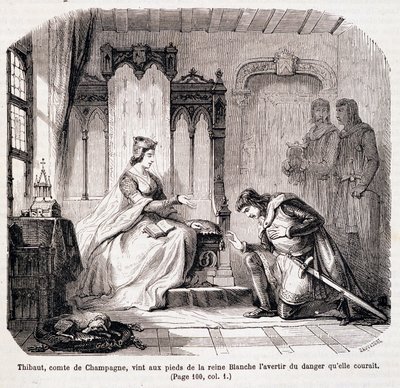 Thibaut, conte di Champagne, ai piedi della regina Bianca di Castiglia per avvertirla del pericolo che correva - in “Parigi attraverso i secoli” di de Genouillac da Claude Sauvageot
