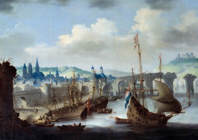 Veduta della città di Rouen. Le navi sono ormeggiate sulle rive della Senna da Claude de Jongh