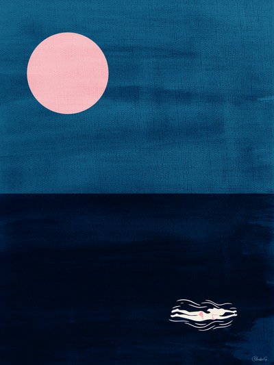 Stampa artistica astratta "Midnight Swim Pink Moon" con motivo oceanico da Claudia Spano'