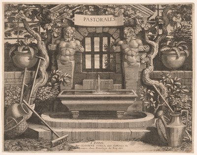 Piatto del titolo con fontane rustiche e dedica, da Pastorales da Claudine Bouzonnet Stella