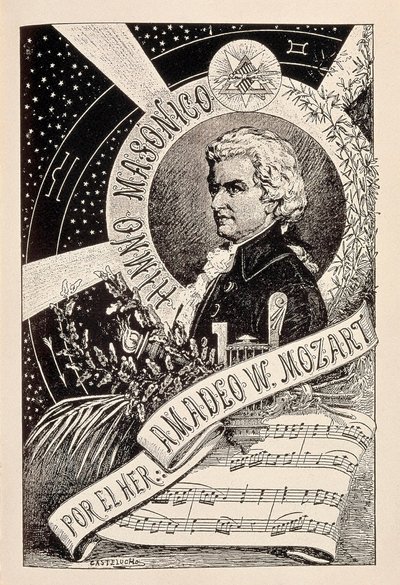 Rappresentazione del compositore austriaco Wolfgang Amadeus Mozart (1756-1791), membro massone associato al Dizionario Enciclopedico della Massoneria, fine XIX - inizio XX secolo (incisione) da Claudio Castelucho
