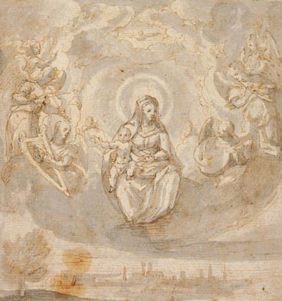 Vergine Maria con il Bambino Gesù, seduta sulle nuvole circondata da angeli da Claudio Ridolfi