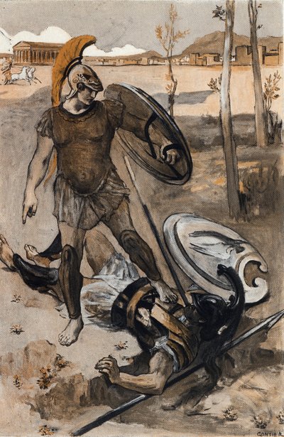 La morte di Ettore: Ettore è ucciso da Achille. Illustrazione di Clement Gontier (1876-1918) per 