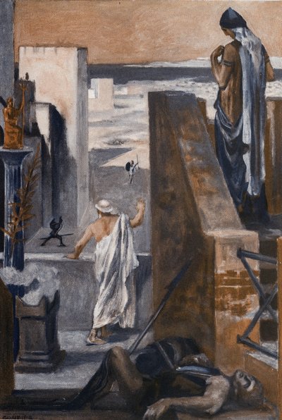 I genitori di Ettore lo supplicano di evitare il combattimento. Illustrazione di Clement Gontier (1876-1918) per 