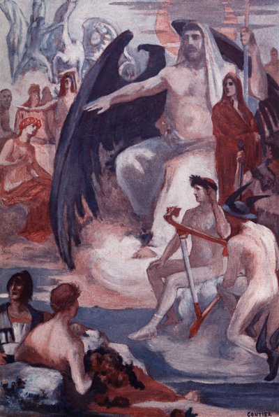 La difesa di Giove per salvare i Troiani o i Greci. Illustrazione di Clement Gontier (1876-1918) per 