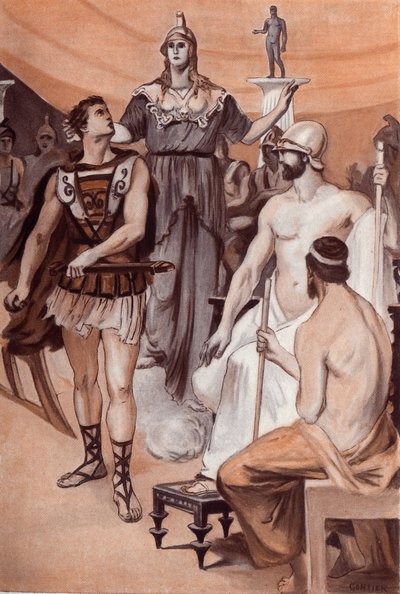 La querelle di Achille e Agamennone: Minerva discende dal cielo e afferra Achille per i capelli per impedirgli di sguainare la spada contro Agamennone. Illustrazione di Clement Gontier (1876-1918) per 