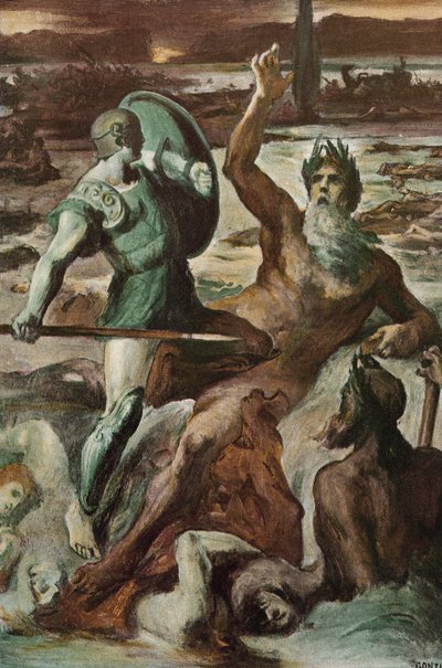 La lotta di Achille e il fiume Scamandro. Illustrazione di Clement Gontier (1876-1918) per 