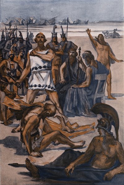 Tersite colpito da Ulisse. Illustrazione di Clement Gontier (1876-1918) per 
