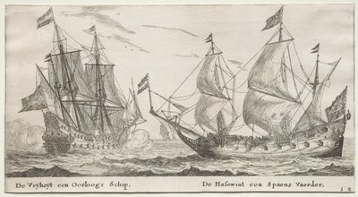 Varie navi e vedute di Amsterdam, Parte II: La Libertà, una nave da guerra. Il Lupo, una nave spagnola da Clement de Jonghe