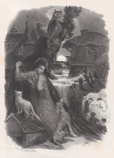 Notte, vignetta di ragazza in costume del XVIII secolo che raccoglie rose, ca. 1830-65 da Célestin Nanteuil