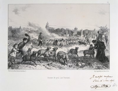 Guerra franco-prussiana 1870-1871: Allontanamento di un gregge di pecore per evitare che cadano nelle mani dei prussiani. Da una serie di litografie di Clement August Andrieux sulle Guardie Nazionali. da Clément Auguste Andrieux