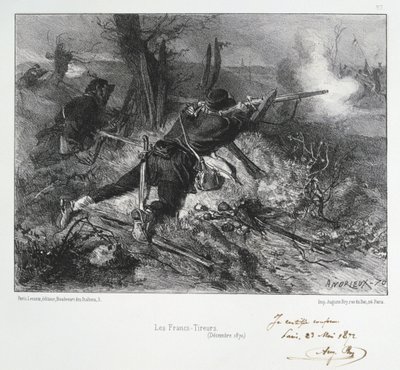 Guerra Franco-Prussiana 1870-1871: Fucilieri francesi. Da una serie di litografie di Clement August Andrieux sui Gardes Nationales. da Clément Auguste Andrieux