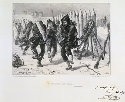 Guerra franco-prussiana 1870-1871. Assedio di Parigi 19 settembre 1870-28 gennaio 1871. Soldati sulle mura che saltano per scaldarsi. Da una serie di litografie di Clement August Andrieux sulla Guardia Nazionale. da Clément Auguste Andrieux