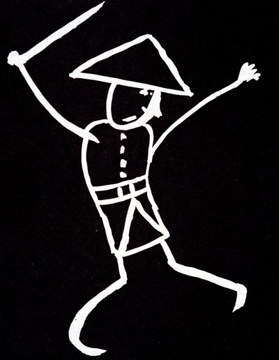Personaggio con cappello, uniforme e ali. Disegno anime di Emile Cohl (1857-1938) in bianco su nero da Cohl