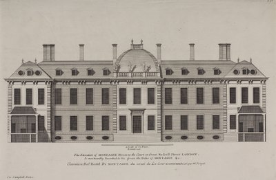 Elevazione della Montague House verso la corte di Great Russell Street, Holborn, c.1725 (incisione) da Colen Campbell