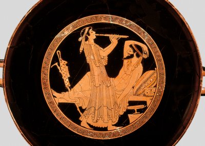 Banchetto e suonatore di doppio flauto, dettaglio da kylix o coppa a figure rosse attiche, circa 490 a.C. da Colmar Painter