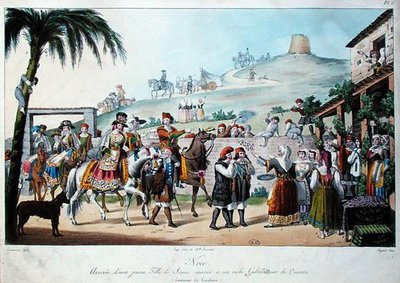 Processione nuziale nella regione di Cagliari, Italia, inciso da Bezard 1825 da Cominotti Cominotti