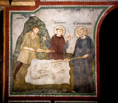 Il miracolo del Goto San Benedetto da Norcia, accompagnato da San Mauro suo primo discepolo, incontra un contadino Goto e ripara miracolosamente la sua falce (affresco del Maestro Consolo, 13° secolo, Chiesa Inferiore, Monastero di San Benedetto, Subiaco) da Consolo 