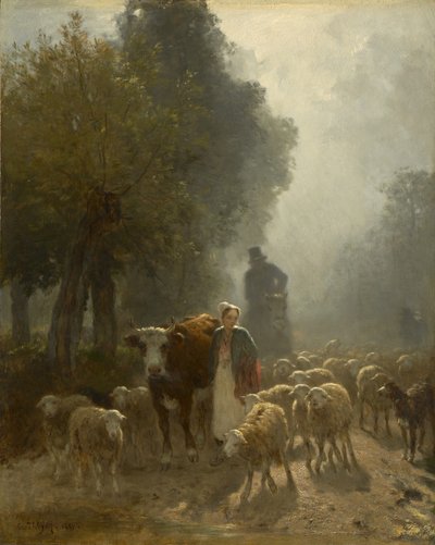 Andando al Mercato in una Mattina Nebbiosa da Constant Emile Troyon